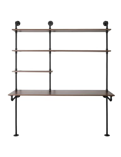 OLDRAINBOW Industrial Pipe Computer Desk with Shelves,Wall Mounted Laptop Desks for Small Spaces,59 inch Bookshelf Narrow Writing Desk with Floating Shelves OLDRAINBOW