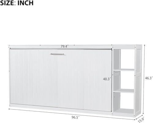 Virubi Twin Horizontal Murphy Bed with Storage Shelves,Wood Fold Up Modern Murphy Wall Bed Cabinet with Storage Bookcase for Adults (White,Twin) Virubi