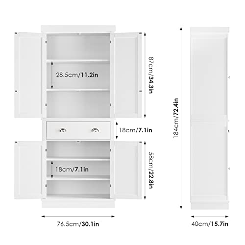 FOTOSOK 72" Utility Pantry Storage Cabinets for Kitchen, Dining Room, Living Room, White , Freestanding Cupboard with 4 Doors, Drawer, 4 Shelves FOTOSOK