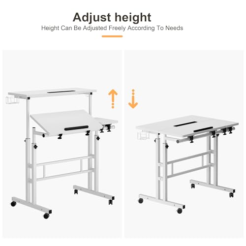SogesHome 31.5 inch Mobile Standing Desk Adjustable Computer Desk Rolling Laptop Cart Portable Laptop Stand on Wheels Home Office Workstation with Cup Holder,Headphone Holder, Upgrade White SogesHome