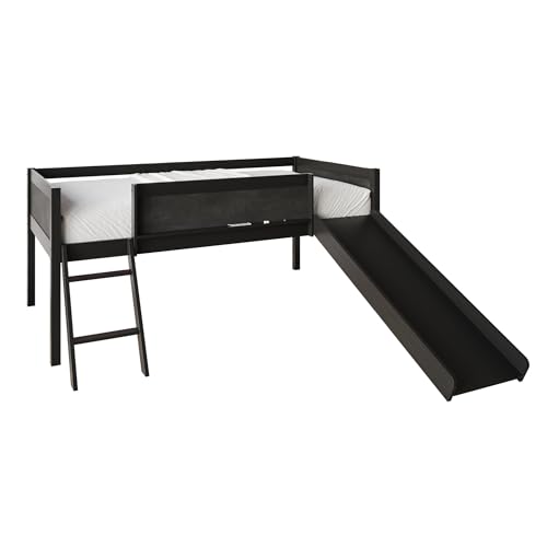 CHALETPOSH Low Loft Bed with Slide, Climbing Ladder, Chalkboard, Wood Twin Loft Bed Frame with Guardrail for Kids Toddler Boys Girls, Black CHALETPOSH