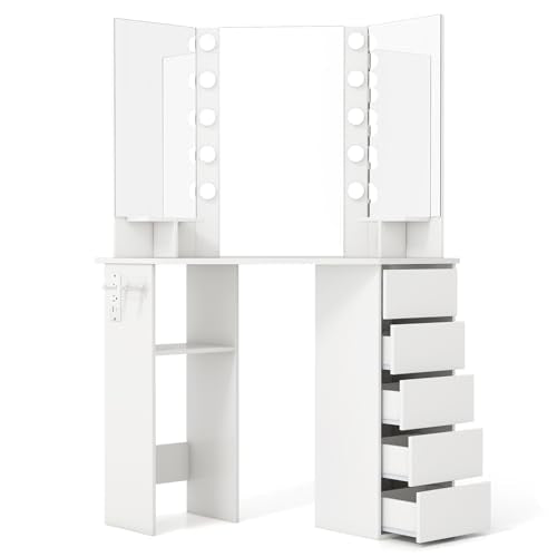 COSTWAY Corner Vanity Desk with Mirror and Lights, Modern Dressing Table with Charging Station, 5 Storage Drawers for Small Space, Bedroom Makeup Vanity Desk for Women, Teen, Girls (White) COSTWAY