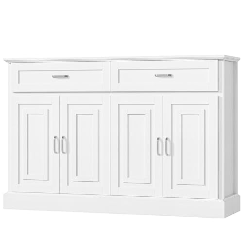 FACBOTALL Sideboard Buffet Cabinet with Storage, 55.1" Large Kitchen Storage Cabinet with 2 Drawers and 4 Doors, Farmhouse Coffee Bar for Kitchen Dining Room, White FACBOTALL