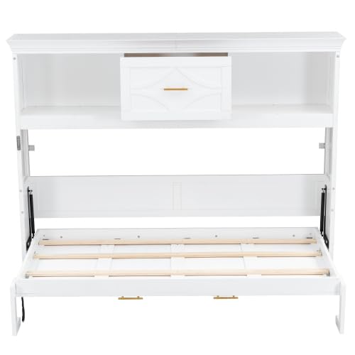 Harper & Bright Designs Twin Size Murphy Bed with Storage Drawer, Open Cabinets and Charging Station, White Harper & Bright Designs