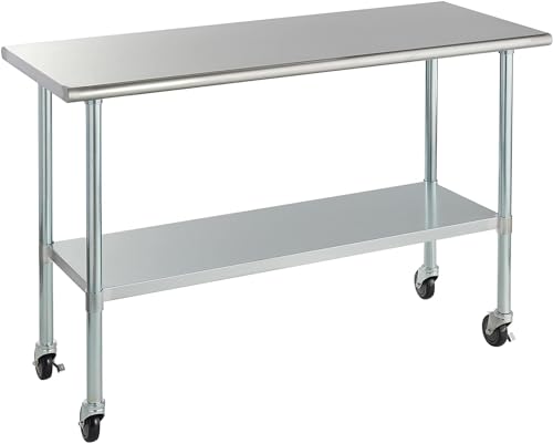 ROCKPOINT Stainless Steel Table for Prep & Work with Caster Wheels 60x24 Inches, NSF Metal Commercial Kitchen Table with Adjustable Under Shelf and ROCKPOINT
