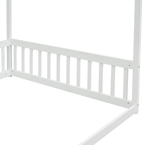 SOFTSEA Grey Full Size Canopy Bed Frame with Guardrails - Low Floor Design, Easy Assembly, No Box Spring Needed SOFTSEA
