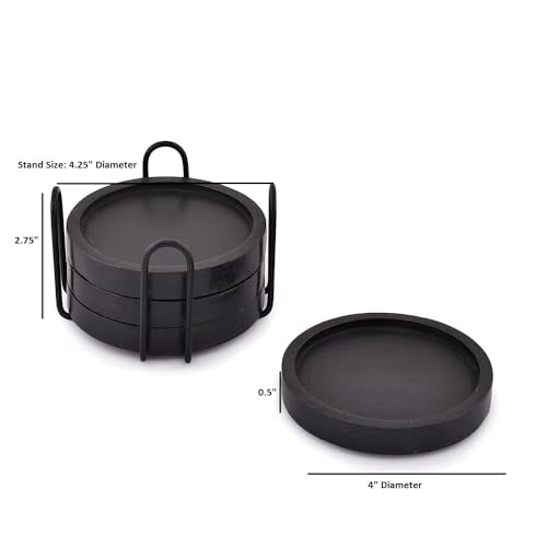 NIRMAN Wooden Coasters for Drinks Coffee Table, Round Drink Coasters with Holder for Tabletop Protection, Set of 4 (4" x 4" x 0.5") (Black) NIRMAN