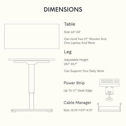 FLEXISPOT EN2 Whole-Piece Standing Desk with Clamp Power Strip, 60 x 24 Electric Stand Up Height Adjustable Desk with Cable Management (Black Frame + 60" Black Top, 2 Packages) FLEXISPOT