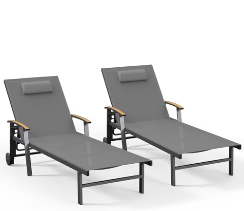 Ciokea Outdoor Lounge Chair with Pillow Set of 2, 5-Position Aluminum Chaise Lounge with Wheels & Armrests, 400 lbs Heavy Duty Patio Pool Chair for Backyard, Deck, Beach & Poolside, Grey