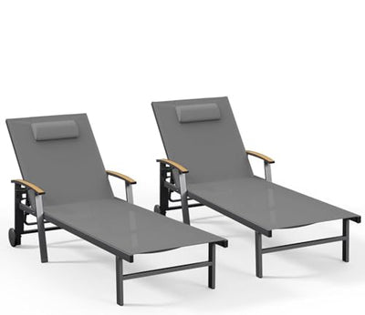 Ciokea Outdoor Lounge Chair with Pillow Set of 2, 5-Position Aluminum Chaise Lounge with Wheels & Armrests, 400 lbs Heavy Duty Patio Pool Chair for Backyard, Deck, Beach & Poolside, Grey
