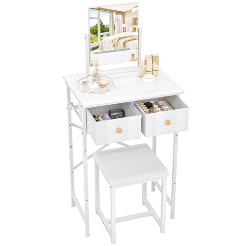 X-cosrack Small Makeup Vanity Desk with Mirror & Chair, Mini Vanity Desk Table Set with Fabric Storage Drawer, 19.7" Compact Vanity Desk for Girls, Dressing Table with Chair for Bedroom, White X-cosrack
