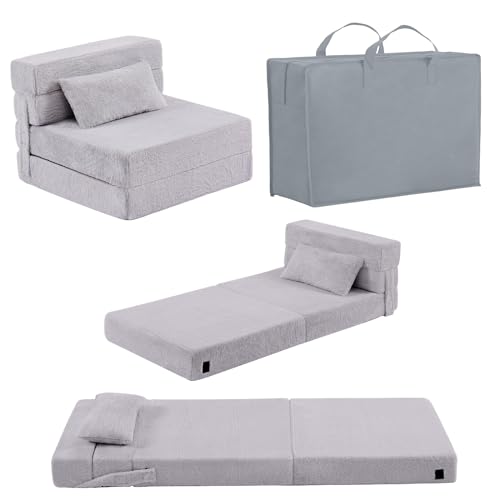 Givjoy Folding Sofa Bed Mattress for Kids with Pillow, Toddler Washable Folding Floor Mat for Daycare, Child Fold Up Sofa Futon Chair Bed with Storage Bag for Playroom, Camping, Girls and Boys, Grey Givjoy