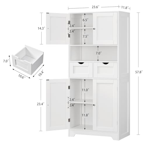 TEENFON 57.8" H Tall Bathroom Storage Cabinet with 4 Doors & 2 Adjustable Shelves, Freestanding Bathroom Cabinet with 2 Drawers, Kitchen Cabinets & Pantry, Cupboard for Kitchen, Dining Room, White TEENFON