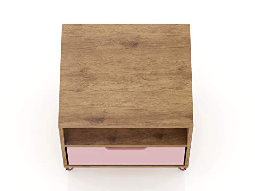 Manhattan Comfort Rockefeller Nightstand with Drawer and Cubby, Mid Century Modern Bedside Table, Minimalist Display and Storage Organizer, Ideal for Bedroom and Living Room, Nature/Rose Pink Manhattan Comfort