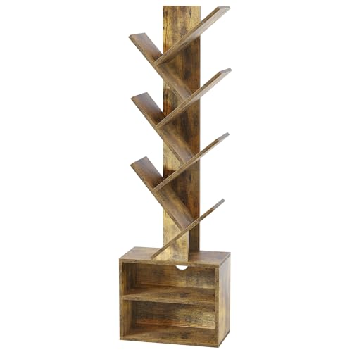 SUNMORY Rustic Brown 6-Tier Tree Bookshelf with Storage Cabinet for Small Spaces SUNMORY