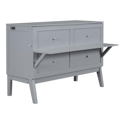 Ball & Cast Murphy Bed Chest Queen Size,Cabinet Hideaway Bed with USB Port and Removable Shelves on Each Side,Wood Wall can be Folded,Platform Bedframe for Kids Bedroom,Student Dorms,Gray Ball & Cast