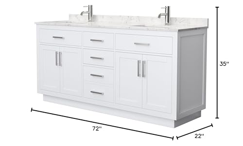 Wyndham Collection Beckett 72 Inch Double Bathroom Vanity with Toe Kick in White, Carrara Cultured Marble Countertop, Undermount Square Sinks, Brushed Nickel Trim Wyndham Collection