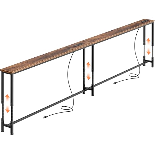 Huuger 102.4 Inch Sofa Table with Power Outlets, 23.9’’-34.4’’ Height Adjustable Range, Behind Couch Table with USB-C Ports, Sofa Tables Narrow Long, Skinny Console Table, Small Spaces, Rustic Brown Huuger
