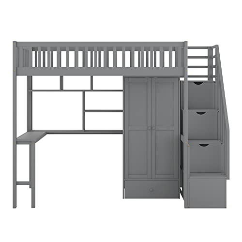 Harper & Bright Designs Twin Size Loft Bed with Desk, Wood Loft Bed Frame with Wardrobe, Bookshelf and Drawers, Gray Harper & Bright Designs