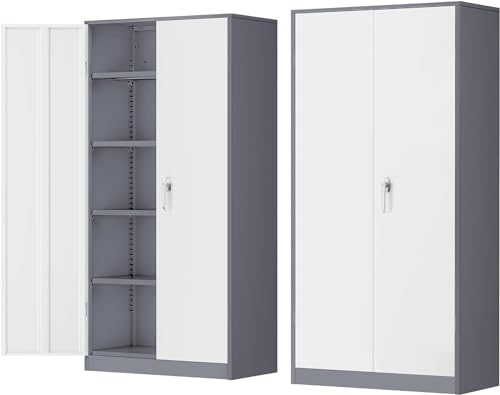 INTERGREAT Metal Storage Cabinet Doors, 72" Locking Steel Storage Cabinet with Shelves, Tall Metal Cabinet Lockable Steel Cabinets for Home Office, Garage(New Grey) INTERGREAT