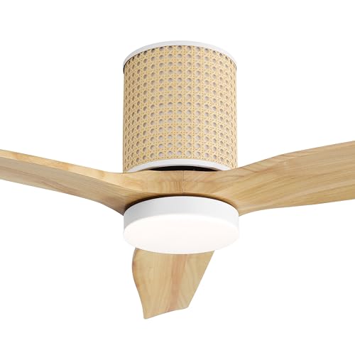 LEDLUX 52" Ceiling Fan with Light and Remote, Low Profile Flush Mount Fan, Solid Wood Blades, Rattan Retro Style, Noiseless Reversible DC Motor, for Bedroom/Living Room/Porch (White/Wood Color) LEDLUX