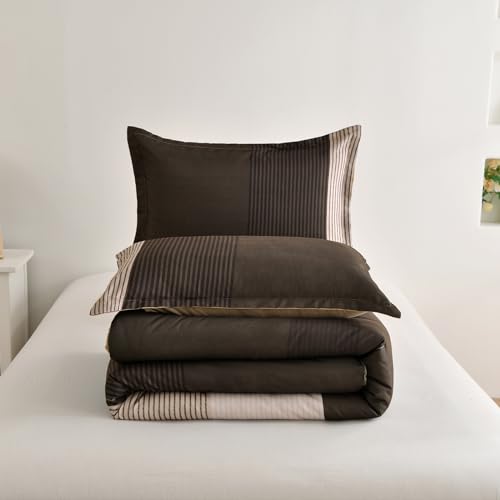 Brown Comforter Set Queen, Reversible Brown Striped Down Alternative Comforter for Queen Bed,3 Pieces (1 Comforter+2 Pillowcases), Soft Microfiber Bedding Duvet Set 90"×90" WONGS BEDDING