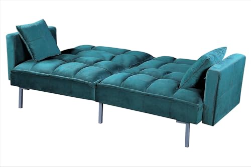 Container Furniture Direct Regal 75.6" Velvet Convertible Sofa Bed - Mid-Century Sleeper Couch w/Tufted Design & Metal Legs - Pull-Out Futon for Guests/Home (75.6" W x 34.6" D x 32" H), Blue Container Furniture Direct
