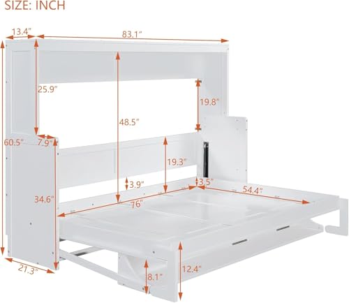 Full Horizontal Murphy Bed with Desk,Solid Wood Folding Hideaway Murphy Wall Bed for Adult,Guest Room (White) MERITLINE