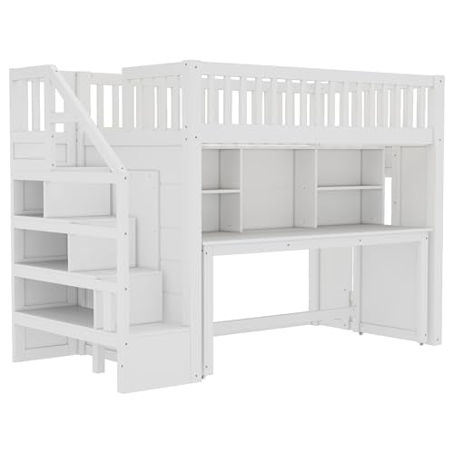 Bellemave Twin Loft Bed with Stairs and Movable Desk and Shelves, Wood Loft Bed with Storage Stairs for Kids, Teens, Adults, White Bellemave