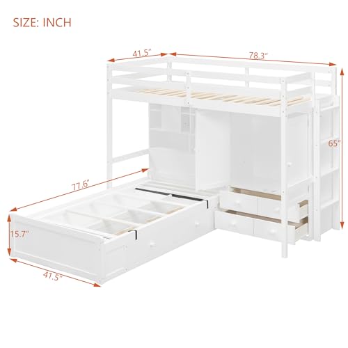 Ball & Cast Twin Size Bunk Bed with Hydraulic Bed & Storage Area,Wood Loft Beds w/Drawers and Wardrobe,Shelves,Space-Saving Bedframe w/Ladder,Full-Length Guardrail,for Apartment,Bedroom,White Ball & Cast