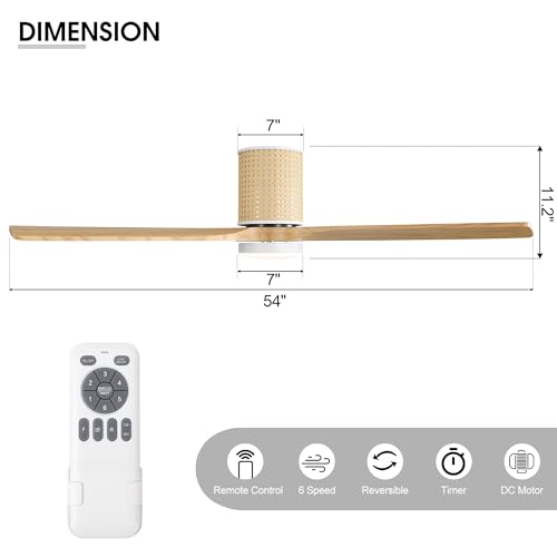 LEDLUX 52" Ceiling Fan with Light and Remote, Low Profile Flush Mount Fan, Solid Wood Blades, Rattan Retro Style, Noiseless Reversible DC Motor, for Bedroom/Living Room/Porch (White/Wood Color) LEDLUX