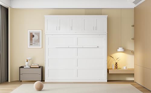 Merax Modern Farmhouse Solid Wood Murphy Bed Chest with Top Cabinets, Tall Wall Platform Bed Space Saving/Wood Slat Support Full,White Merax