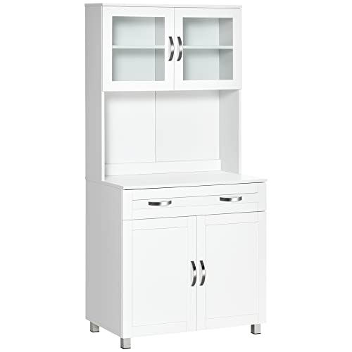 HOMCOM 67" Pantry Cabinet, Modern Kitchen Hutch, Freestanding Storage Cabinet with Glass Doors, Adjustable Shelves and Drawers, White HOMCOM