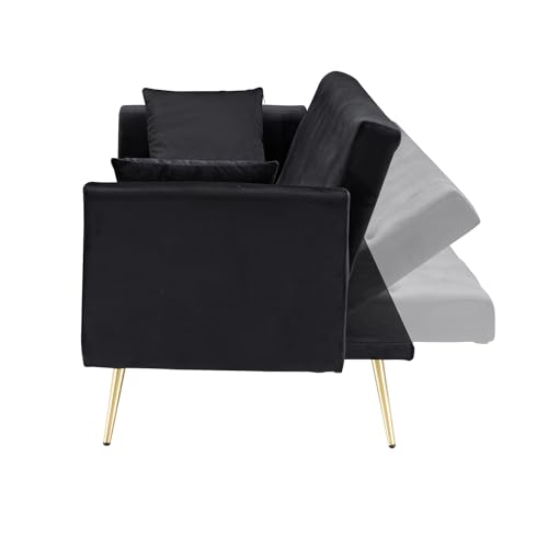 71" Modern Velvet Sofa Bed Futon, Convertible Sleeper Couch with Adjustable Backrest, Tufted Recliner Loveseat with Golden Chrome Legs & 2 Pillows for Small Spaces, Living Room, Apartment (Black) Generic