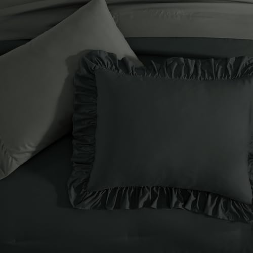 AMBERSPACE Queen Comforter Set Black, Ruffle Shabby Chic Bedding Set Farmhouse 7 Pieces, All Season Fluffy Bed in a Bag with Sheets, Pillowcases & Shams AMBERSPACE