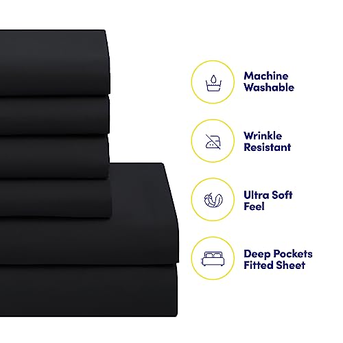 Sweet Home Collection 5 Piece Comforter Set Bag Solid Color All Season Soft Down Alternative Blanket & Luxurious Microfiber Bed Sheets, Black, Twin Sweet Home Collection