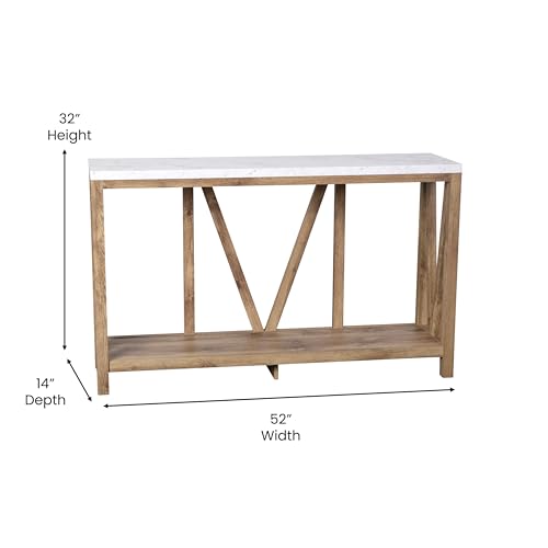 BizChair Farmhouse 2-Tier Console Table - Warm Oak Finish Engineered Wood Frame - Marble Finish Tabletop - for Entryway or Living Room BizChair