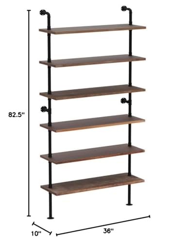 Anynice 6 Tier Industrial Ladder Pipe Shelf Bookcase, Rustic Wall Mounted Pipe Bookshelves for Decor and Storage Anynice