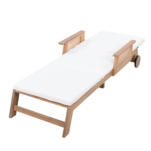 Merax Retro Acacia Wood Outdoor Chaise Lounge with Wheels & 3-Position Adjustable Backrest, Vintage Wicker Design Sun Lounger with Plush Removable Cushion for Patio, Garden & Poolside, Acacia Wood