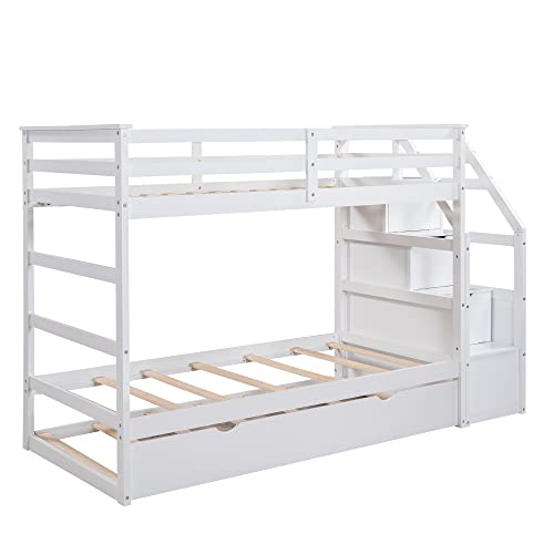 Merax Twin Over Twin Bunk Bed with Trundle, Solid Wood Stairway Bunk Bed Frame with 3 Storage Cabinet Staircase, No Spring Box Required, White Merax