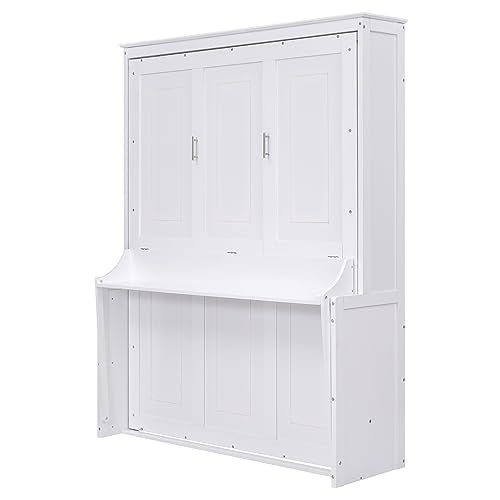 FAVSH Queen Size Murphy Bed with Shelf, Modern Solid Pine Wood Wall Bed, Space-Saving Hidden Bed,Fold-The-Way Bed for Bedroom,No Box Spring Needed,White FAVSH