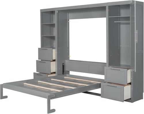 MERITLINE Queen Murphy Bed with Storage Wardrobe Closet,Drawers and Open Shelves,Wood Folding Farmhouse Murphy Wall Bed with Shelves,for Adults (Grey)