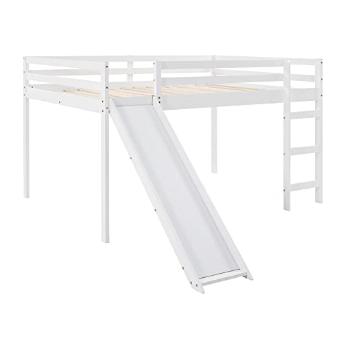 Full Size Loft Bed with Slide, Low Loft Bed with Ladder & Safety Rail, Wooden Full Loft Bed Frame for Kids Teens Girls & Boys, No Box Spring Needed, Easy Assemble (Full, White) Harper & Bright Designs