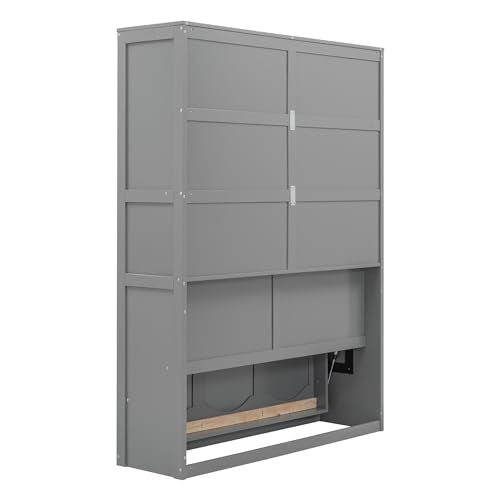Ball & Cast Full Size Murphy Bed Wall Bed with Shelves and Mattress Holder,Wood Hideaway Cabinet Chest w/Slat Support,can be Folded,for Small Room,Dorms,Gray Ball & Cast