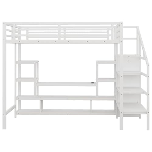Full Size Loft Bed with LED Light & TV Table, High Loft Beds with Charging Station & Storage Bookcase, Wardrobe, Heavy-Duty Metal Lofts Frame with Stairs for Kids, Teens & Adults Dorms, White Mirightone