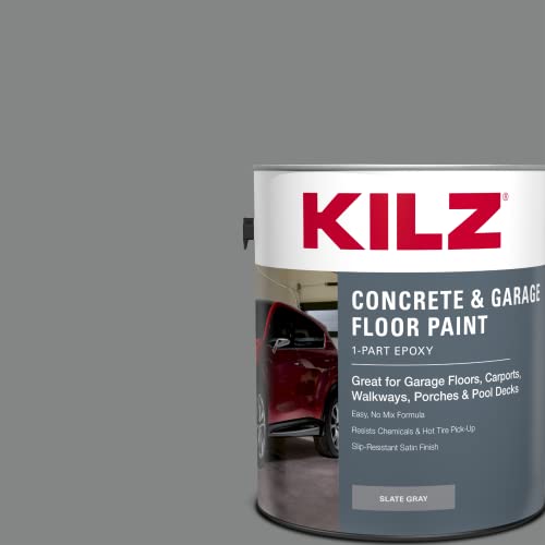 KILZ 1-Part Epoxy Acrylic Concrete and Garage Floor Paint, Interior/Exterior, Satin, Slate Gray, 1 Gallon KILZ