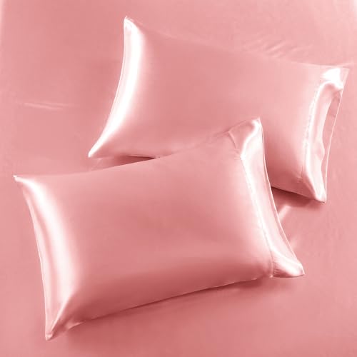 SiinvdaBZX 3-Piece Set Satin Twin Fitted Sheet & 2 Pillowcase, Blush Pink Silky Soft Fitted Bottom Sheet, Wrinkle Free, Fade Resistant, Deep Pocket Bed Sheet (Deep Up to 15") SiinvdaBZX
