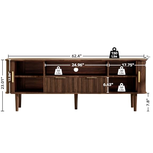 DAMCROP Fluted TV Stand, 62 Inch Mid Century Modern Media Console Table with Sliding Tambour Door Farmhouse Sideboard Buffet Cabinet Fits TVs up to 75 inch, Wood Entertainment Center for Living Room DAMCROP