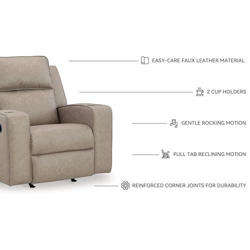 Signature Design by Ashley Lavenhorne Contemporary Faux Leather Upholstered Manual Rocker Recliner with 2 Cup Holders, Beige Signature Design by Ashley