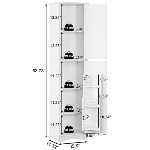 Function Home Tall Bathroom Storage Cabinet, 64" Slim Kitchen Pantry with Door Storage, Narrow Wood Freestanding Cabinets with Adjustable Shelves for Kitchen Living Room Dining Room, White Function Home
